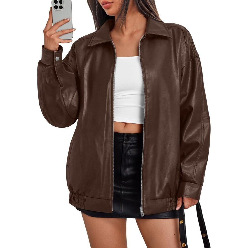 Women's Leather Bomber Moto Coat Jacket Brown Trendy Queen Statement Piece